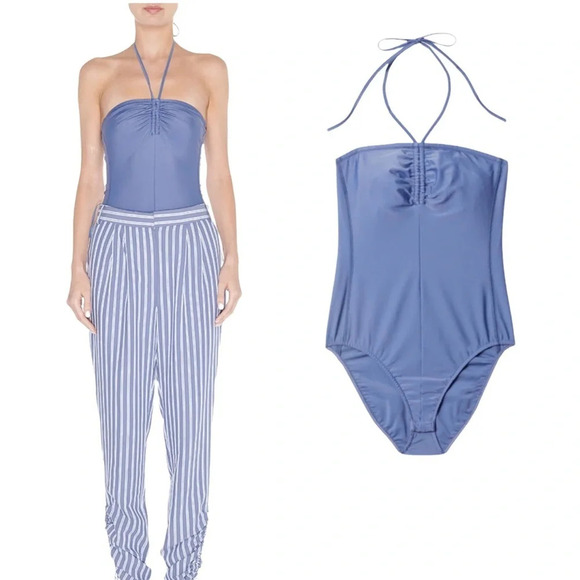 Tibi Stretch Shirred Bodysuit Dusty Blue Size XXS NWT - Picture 1 of 9